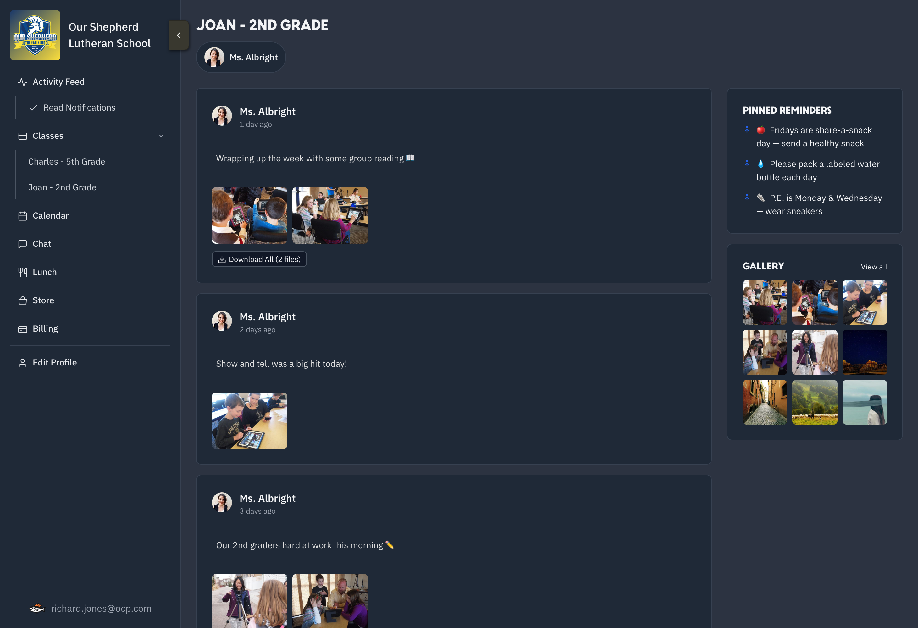 The Fish dashboard showing a classroom feed with posts, pinned reminders, and a photo gallery