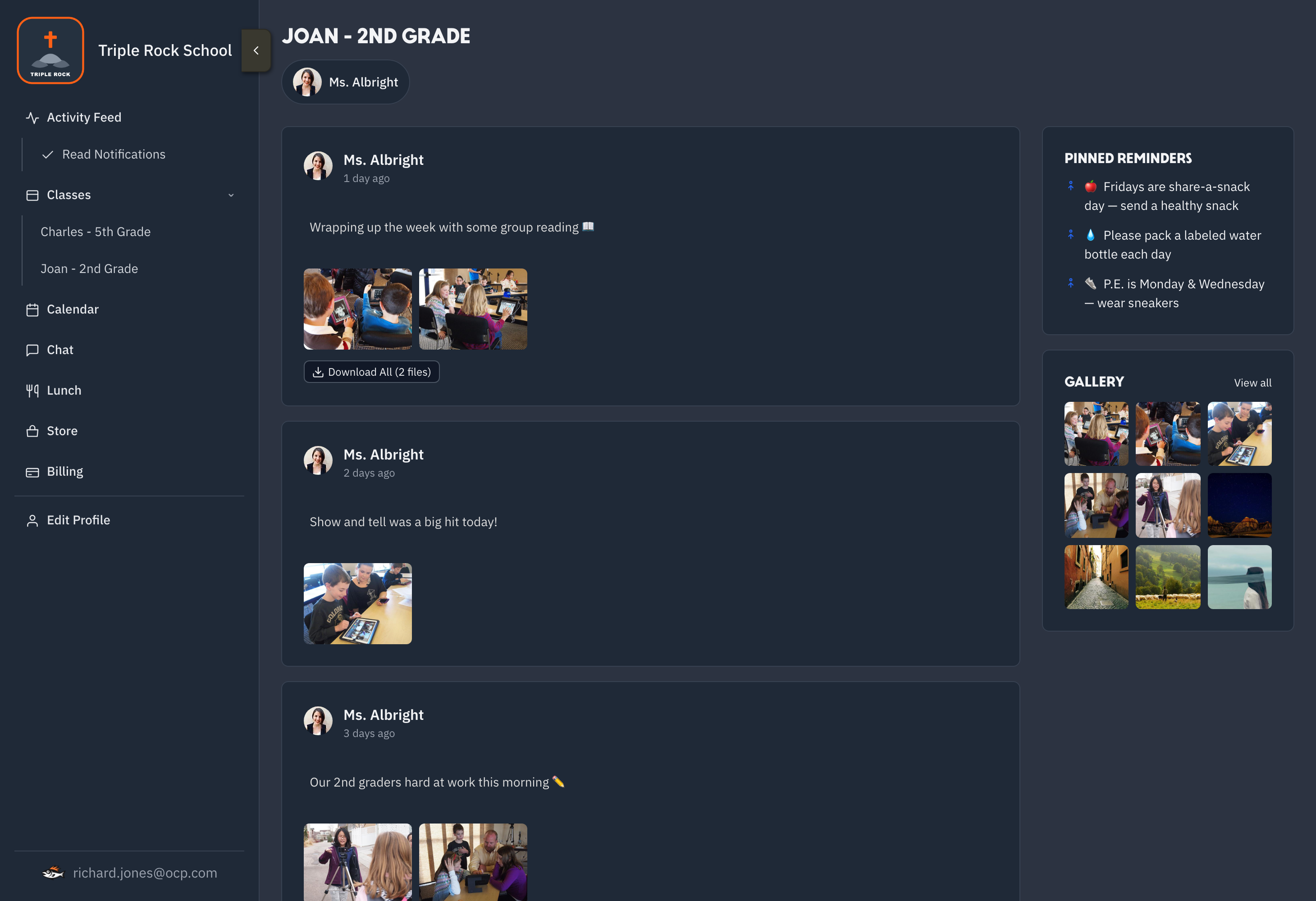 The Fish dashboard showing a classroom feed with posts, pinned reminders, and a photo gallery