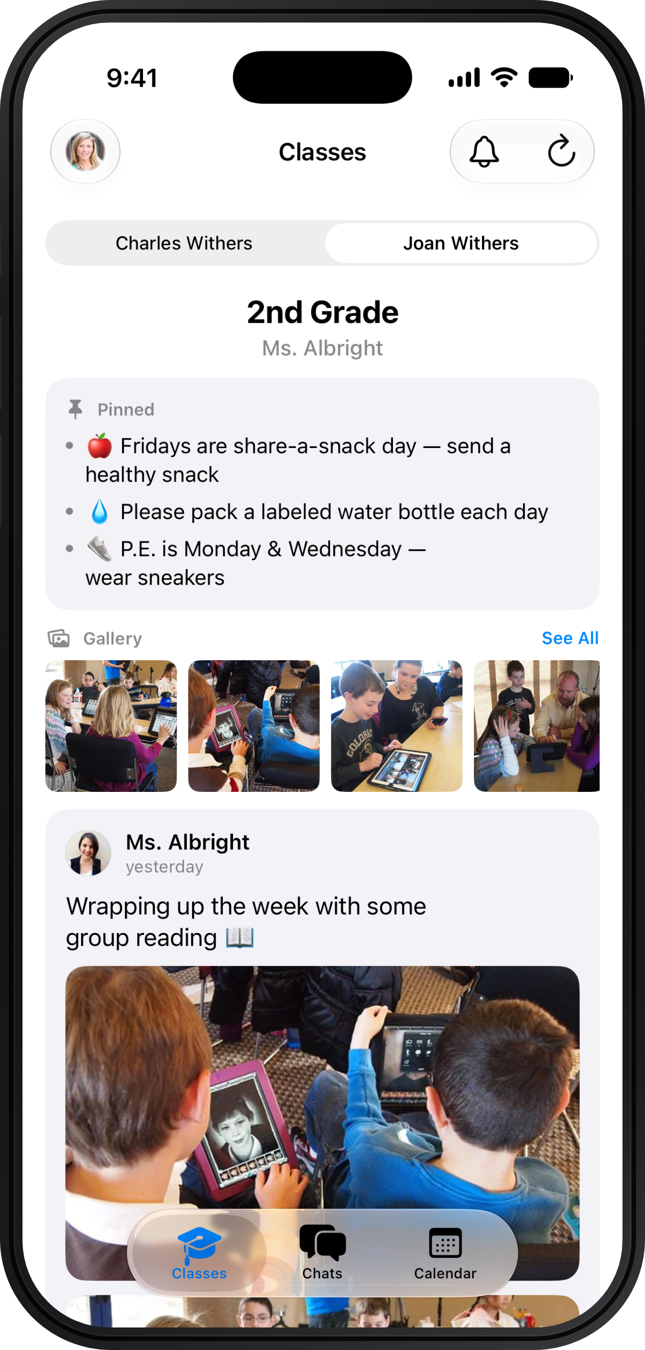 The Fish iOS app showing a class feed with pinned reminders and a photo gallery