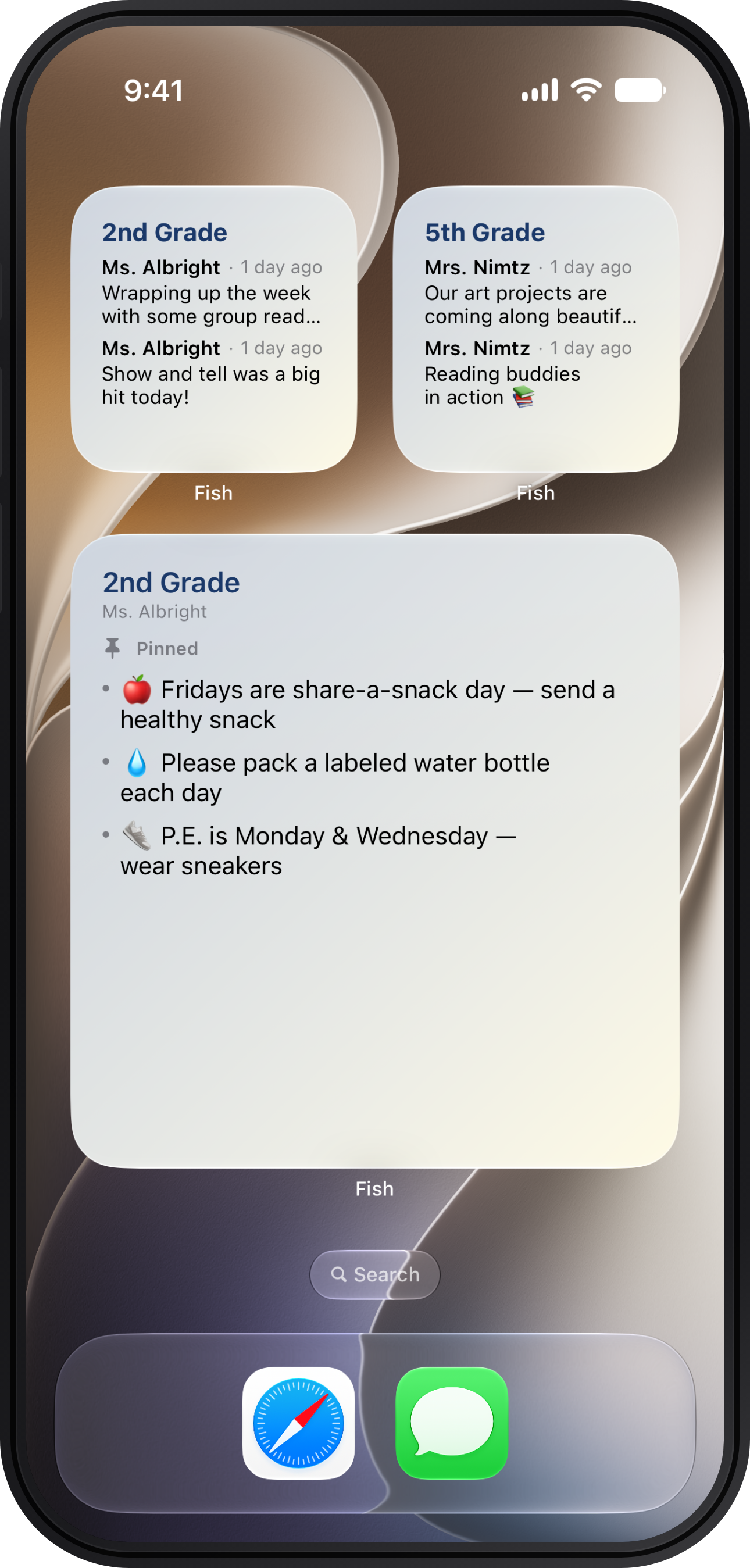 Fish home screen widgets showing class updates and pinned reminders at a glance